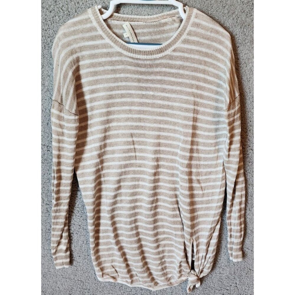 White + Warren Women's Lightweight Knit Sweater 100% Linen Tan/White Striped L